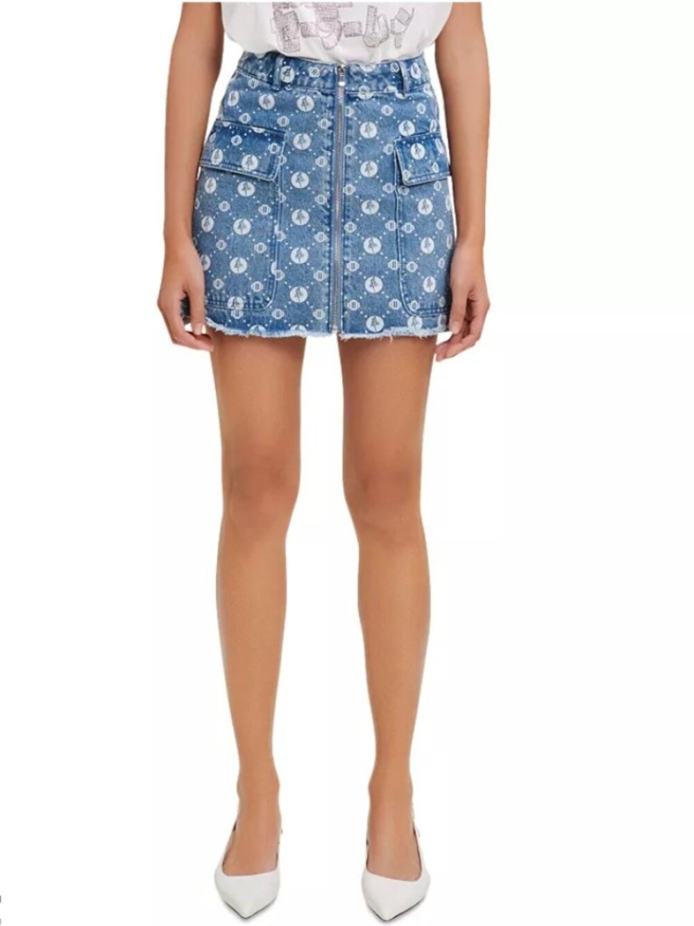 Maje x Sailor Moon Jimoon Monogram Print Front Zip High Waisted Denim Mini Skirt